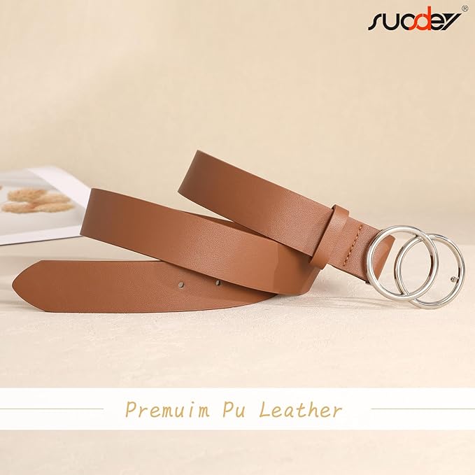 SUOSDEY Women Leather Belt Fashion Double O-Ring Soft Faux Leather Waist Belts For Jeans Dress