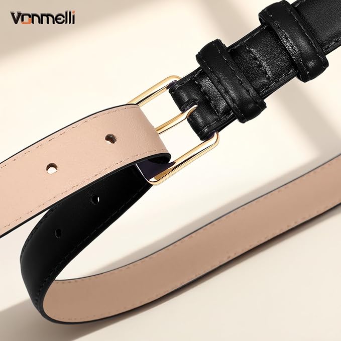 VONMELLI Womens Thin Leather Belt for Jeans Pants Dress Fashion Skinny Belt with Gold Buckle for Women