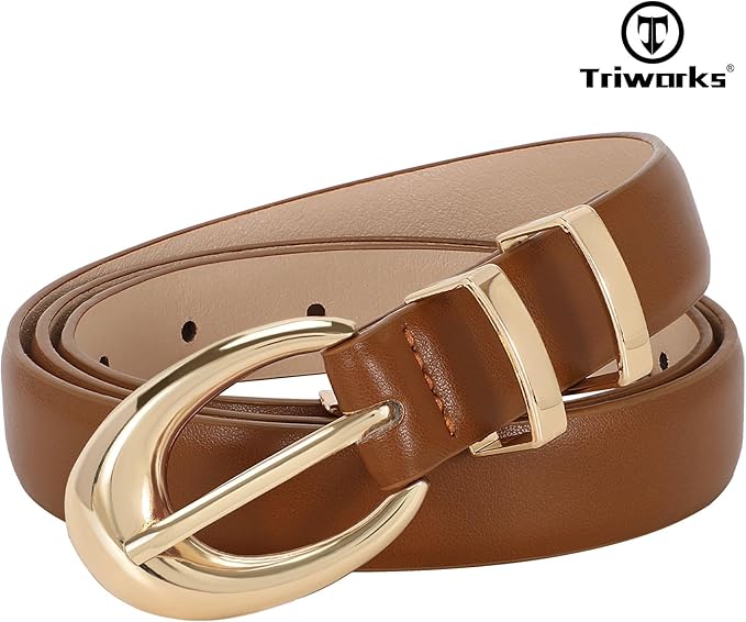 TRIWORKS Women Leather Belt for Jeans Pants Fashion Ladies Skinny Faux Leather Dress belt with Gold Buckle