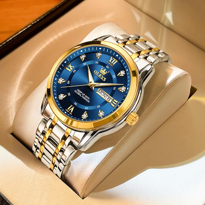 OLEVS Men's Stainless Steel Watch, Large Face Roman Numerals Diamond Accented Three-Hand Analog Quartz Watches for Men, Easy to Read Day Date Waterproof Luminous Mens Wristwatch