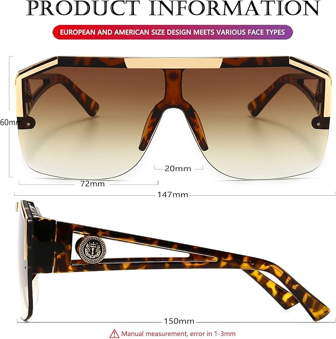 AIEYEZO Square Oversized Sunglasses Flat Top Shield Sun Glasses for Men Women One Lens Square Shades