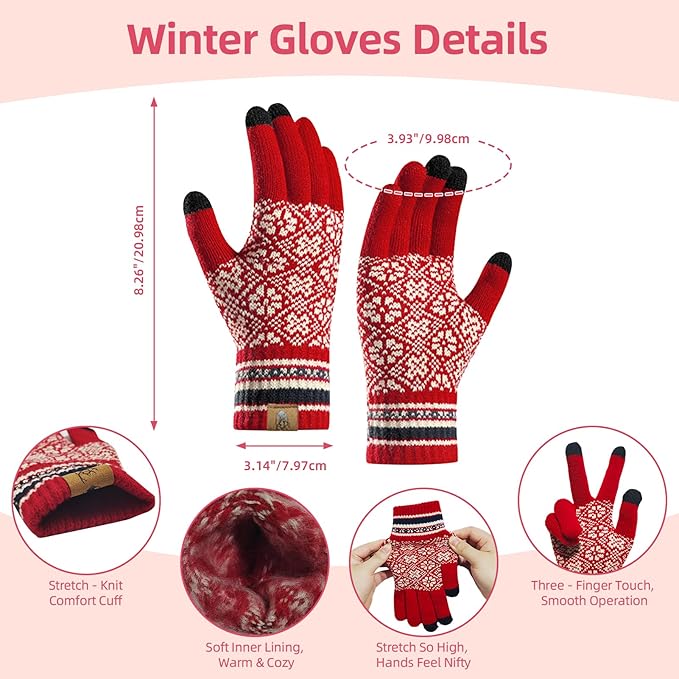 Womens Winter Beanie Hat Long Scarf and Touchscreen Gloves 3Pieces Fleece Lined Skull Caps with Pompom Neck Scarves Set