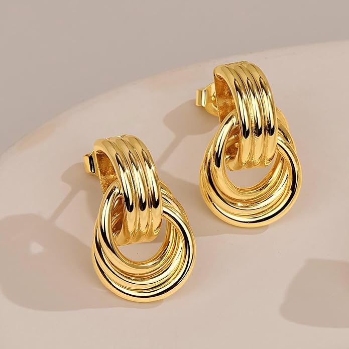 Gold Plated Statement Chunky Dangle Stud Earrings for Women, Gold Plated Hoop Knot Claw Earrings Tarnish Free Jewelry for Women Gifts
