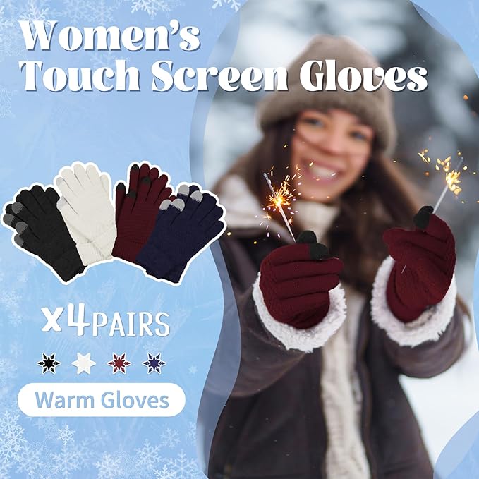 Omisy 4 Pairs Winter Gloves Women Touchscreen Cold Weather, Valentines Day Gifts for Her Wife Mom Girlfriend, Wam Mitten