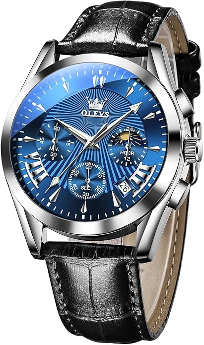 OLEVS Men's Casual Leather Watch, Big Face Chronograph Watch for Men, Fashion Easy to Read Dress Watch, Men's Waterproof Luminous Date Analog Watch, Gold/Black/White/Blue Dial