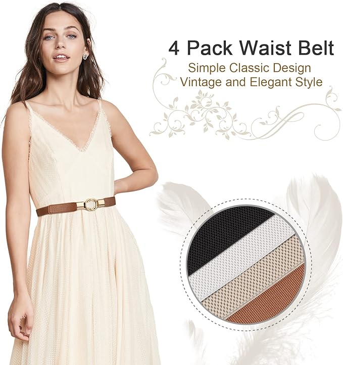 WERFORU Women Skinny Belt for Dresses Retro Stretch Waist Belt with Gold Buckle Set of 4