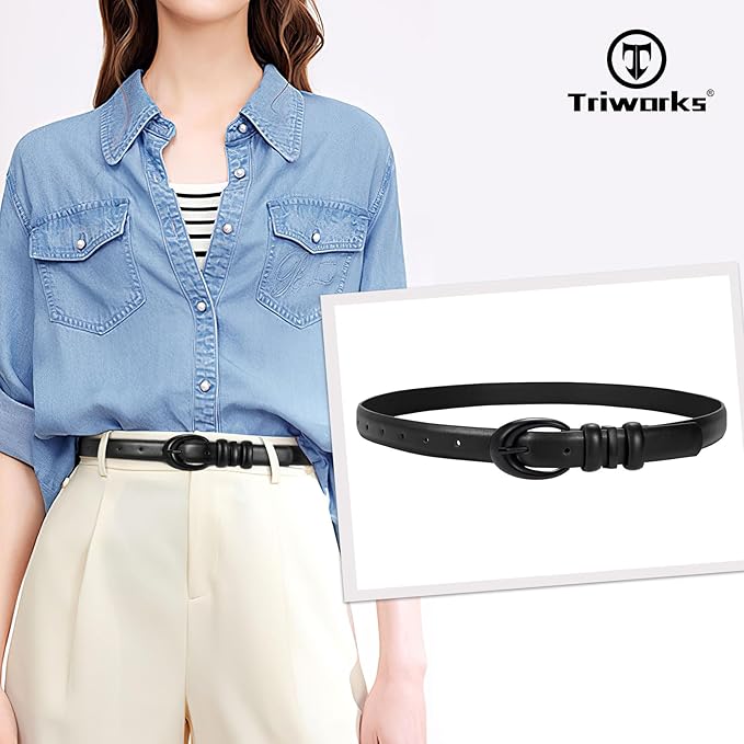 TRIWORKS Women Leather Belt for Jeans Pants Fashion Ladies Skinny Faux Leather Dress belt with Gold Buckle