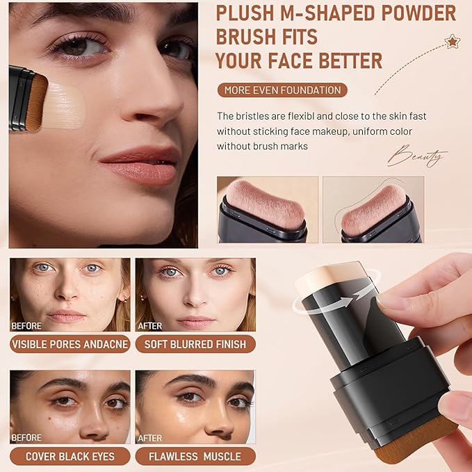 Concealer Foundation Stick, 2-in-1 Long-Lasting Foundation and Concealer with Brush, Creamy Full Coverage for Dark Circles & Blemishes, Hydrating Olive & Camellia, 2.09 Oz (06#)