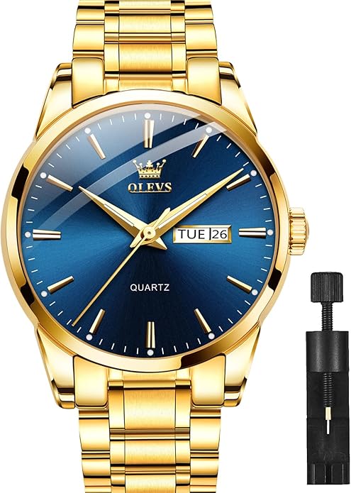 OLEVS Classic Men Watches with Date,Stainless Steel Man Watch with Date, Bussiness Watches for Men,Luminous Quartz Mens Watches Black/White/Blue/Gold, Waterproof Male Watch with Week