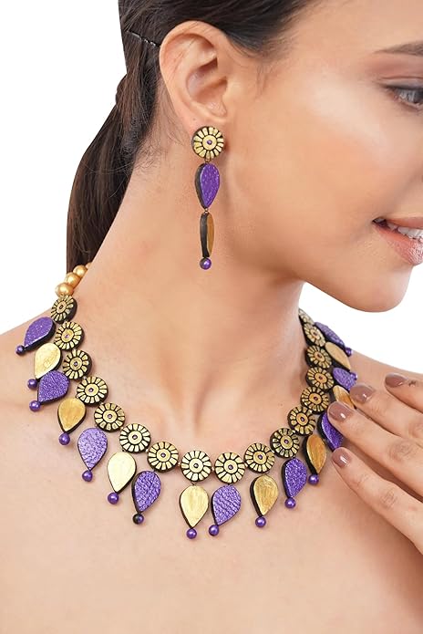 Purple & Golden Clay Jewelry Set – Handmade Boho Dangle Earrings & Minimalist Necklace for Women, Artisan Statement Accessories, Festival Wear & Unique Gift Idea