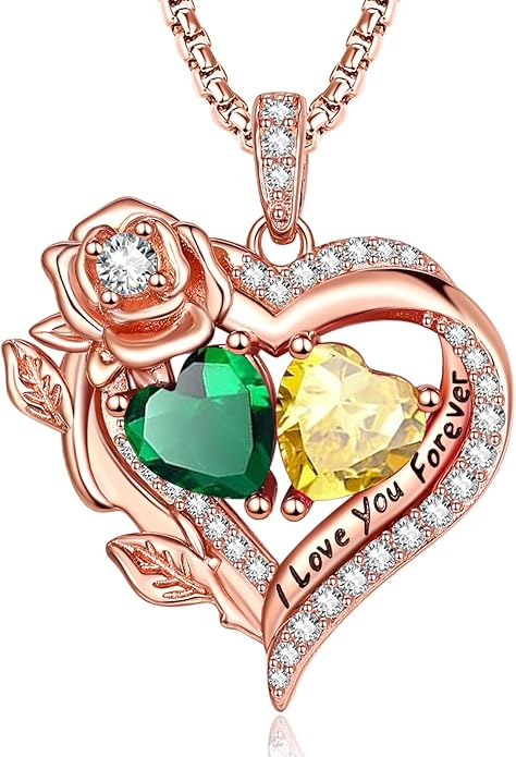 Rose Heart Necklaces for Women, Rose Gold Forever Love Jewelry with 2 Birthstones Pendant, Christmas Anniversarry Birthday Gifts for Her Wife Mom Grandma, 18+2 Inch Chain