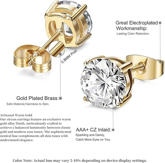 Kainier Women's 14K Gold Plated CZ Stud Earrings Simulated Diamond Round Cubic Zirconia Ear Stud Set（5 Pairs)…
