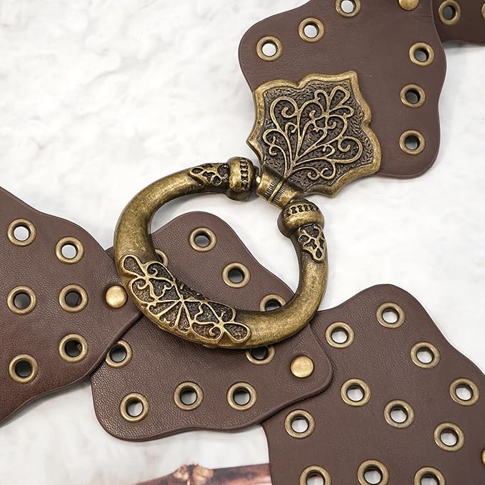 Wide Disc Belt for Women Vintage Hollow Boho Leather Belt Western Chunky Waist Belt Cowboy Metal Buckle Concho Belts