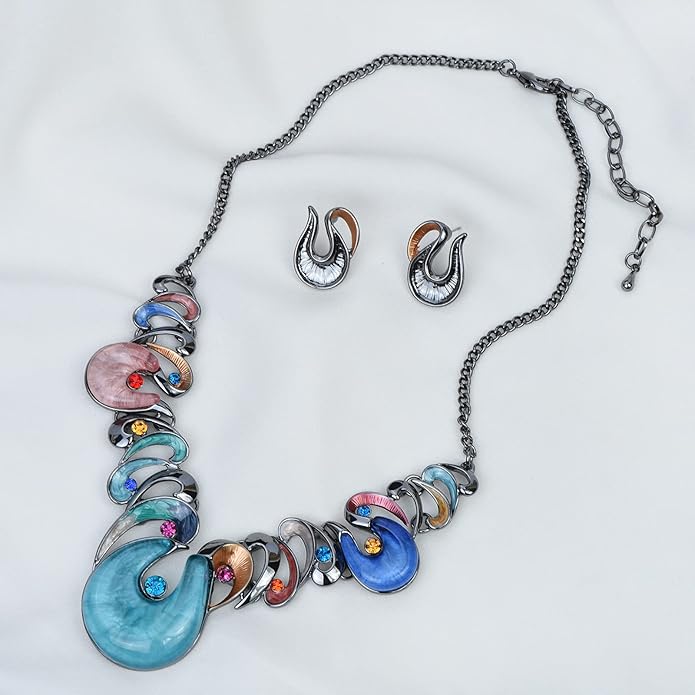 Retro Women's Crystal Floral Petal Leaf Chunky Statement Necklace and Earrings Set Party Jewelry