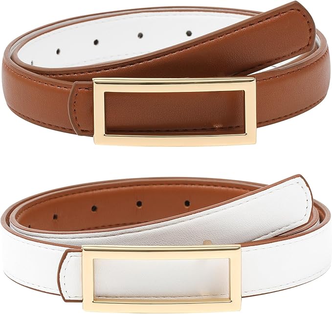 AWAYTR Women Reversible Leather Belt - Two-in-One Women Fashion Skinny Belt for Jeans with Golden Buckle