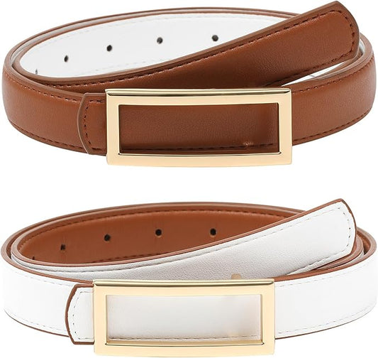 AWAYTR Women Reversible Leather Belt - Two-in-One Women Fashion Skinny Belt for Jeans with Golden Buckle