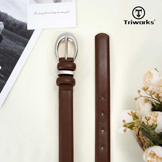 TRIWORKS Women Leather Belt for Jeans Pants Fashion Ladies Skinny Faux Leather Dress belt with Gold Buckle