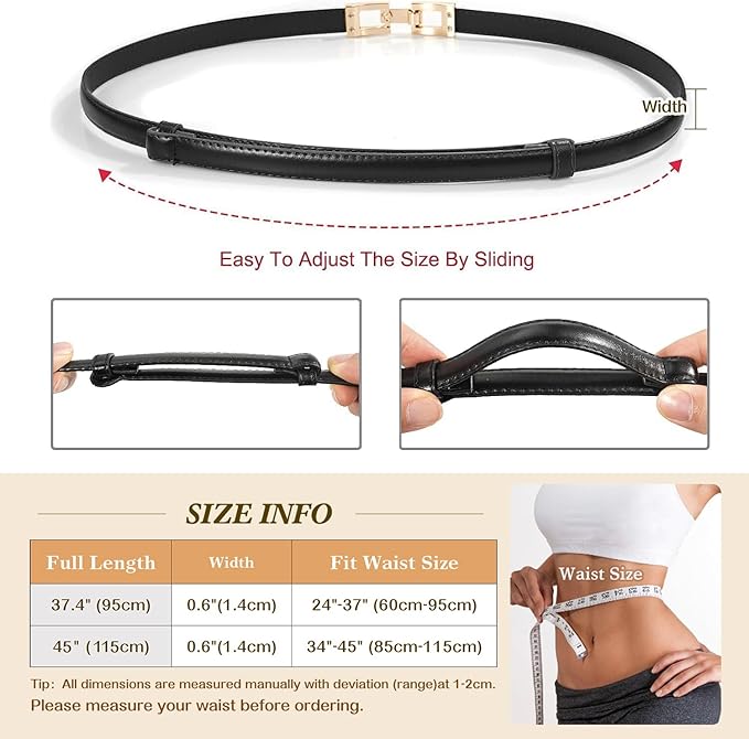 Glamorstar Skinny Belts for Women Thin PU Leather Waist Belt with Gold Buckle for Dresses