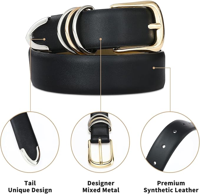 Women's Leather Belts with Gold Buckle Fashion Leather Waist Belt Elegant Ladies Belts for Jeans Dress & Casual Wear