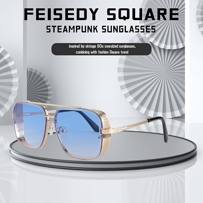 FEISEDY Sunglasses Mens Women Vintage Pilot Square Trendy Metal Steampunk Fishing Driving Sun Glasses B2894