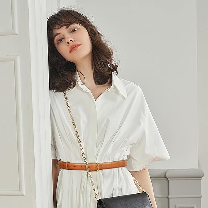 Women's Fashion Classic Metal Buckle Leather Belt with Jeans Dress