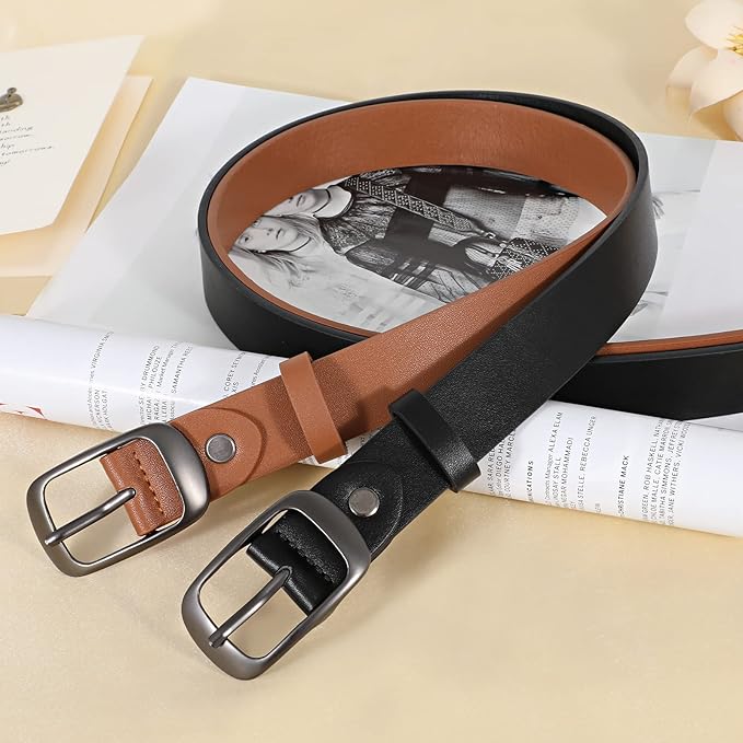 XZQTIVE 2 Pack Women Plus Size Leather Belts Fashion Cowhide Waist Belt with Solid Pin Buckle for Jeans Pants Dress