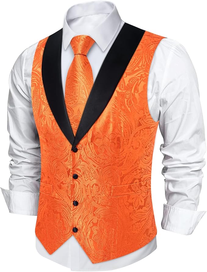 DiBanGu Mens Paisley Suit Vest Silk Jacquard Waistcoat and Necktie Set Formal Shawl Collar Dress Vest 7PCS for Wedding Party