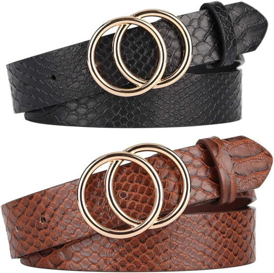 UnFader Pack 2 Women Belts for Jeans with Fashion Double O-Ring Buckle and Faux Leather