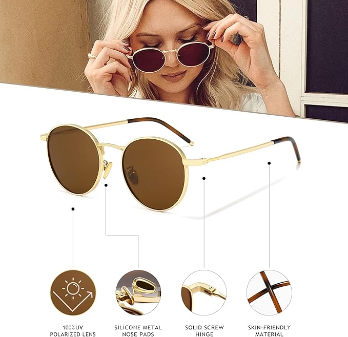 SUNGAIT Ponderable Metal Round Sunglasses for Men Women Classic Vintage Polarized Circle Sun Glasses