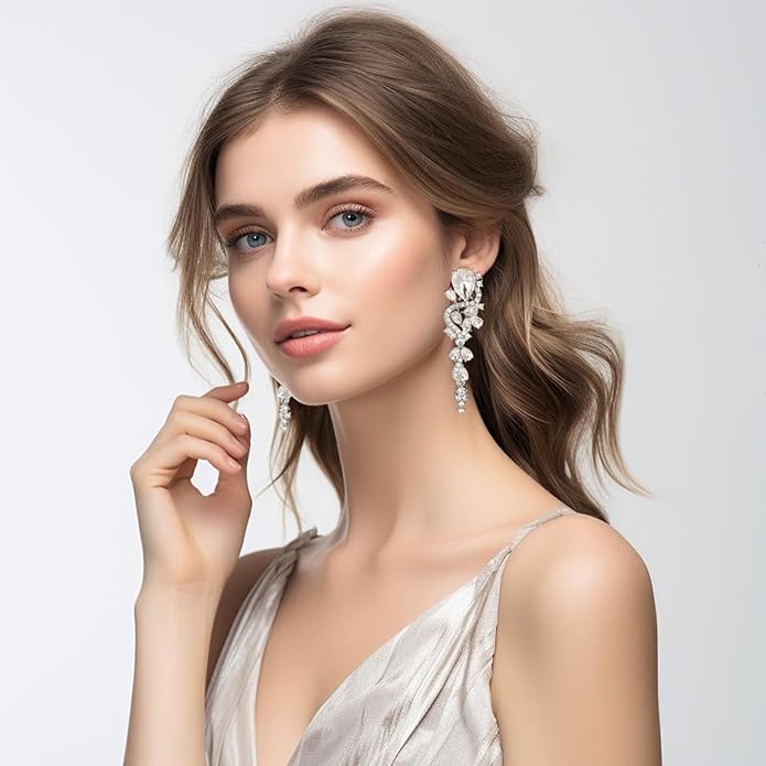 Fashion Rhinestone Statement Drop Dangle Earrings Long Colorful Crystal Bridal Wedding Teardrop Chandelier Earrings for Women Prom Pageant