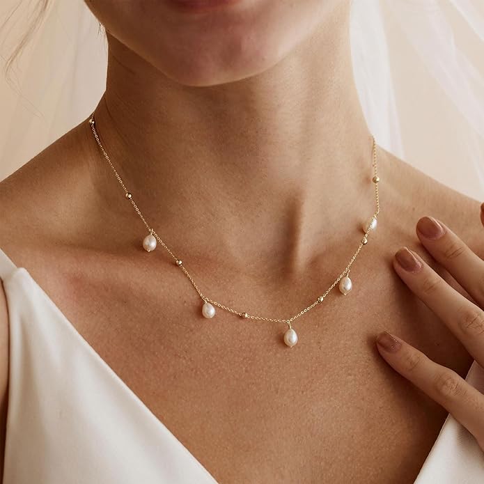 Valentines Day Gifts for Her - 14K Gold Plated Pearl Necklaces for Women Trendy Dainty Necklace Simple Layered Pearl Necklaces for Women Trendy Wedding Birthday Valentines Jewelry