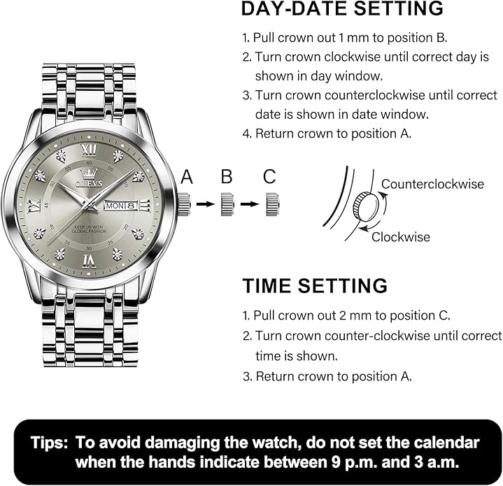 OLEVS Men's Stainless Steel Watch, Large Face Roman Numerals Diamond Accented Three-Hand Analog Quartz Watches for Men, Easy to Read Day Date Waterproof Luminous Mens Wristwatch