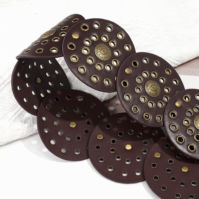 Wide Disc Belt for Women Vintage Hollow Boho Leather Belt Western Chunky Waist Belt Cowboy Metal Buckle Concho Belts
