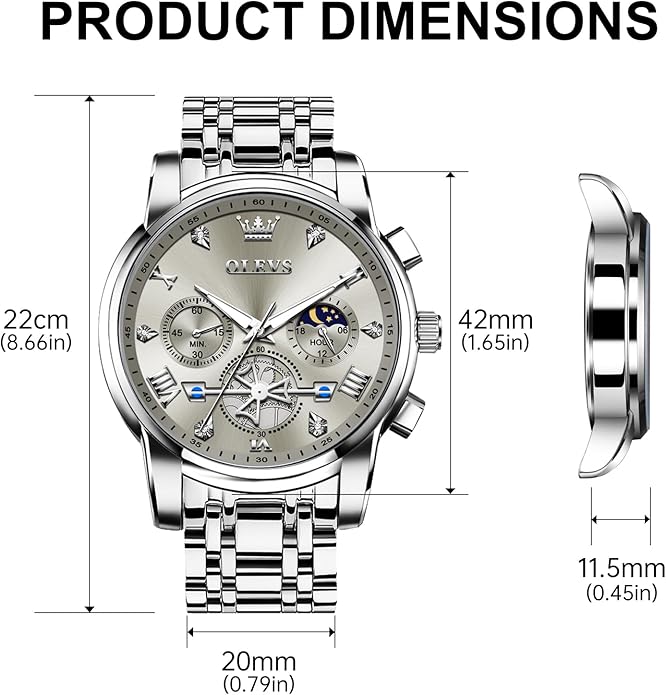 OLEVS Men Silver Watches,Men's Stainless Steel Chronograph Watch,Man Analog Quartz Big Face Male Watches Luxury Waterproof Roman Numeral Dress Diamond Relojes para Hombre