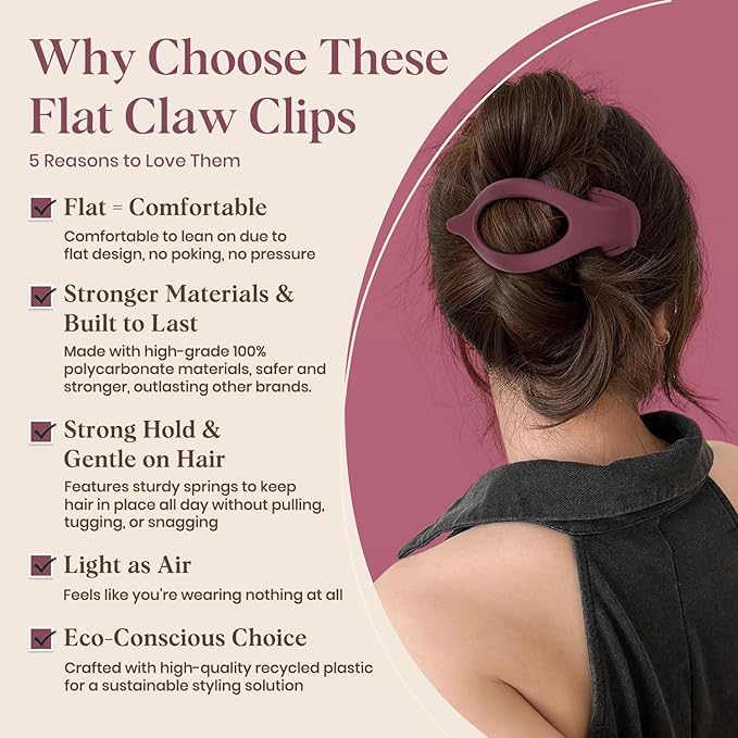 6 PCS Large Flat Hair Clips for Women Girls, French Concord Lay Down Claw Clips for Thick Thin Hair, Comfortable Curved Flat Clips, Matte Non-slip Strong Hold Hair Accessories, Chic Colors