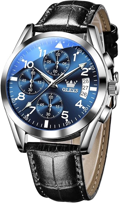 OLEVS Men's Casual Leather Watch, Big Face Chronograph Watch for Men, Fashion Easy to Read Dress Watch, Men's Waterproof Luminous Date Analog Watch, Gold/Black/White/Blue Dial