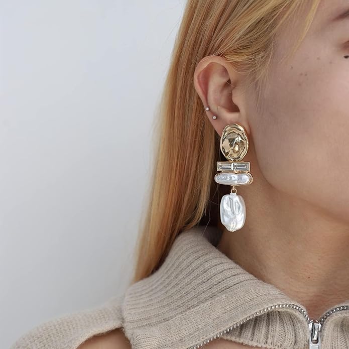 Statement Pearl Dangle Earrings,Gold and Large Pearl,Luxury Chandelier Organic Style Earrings