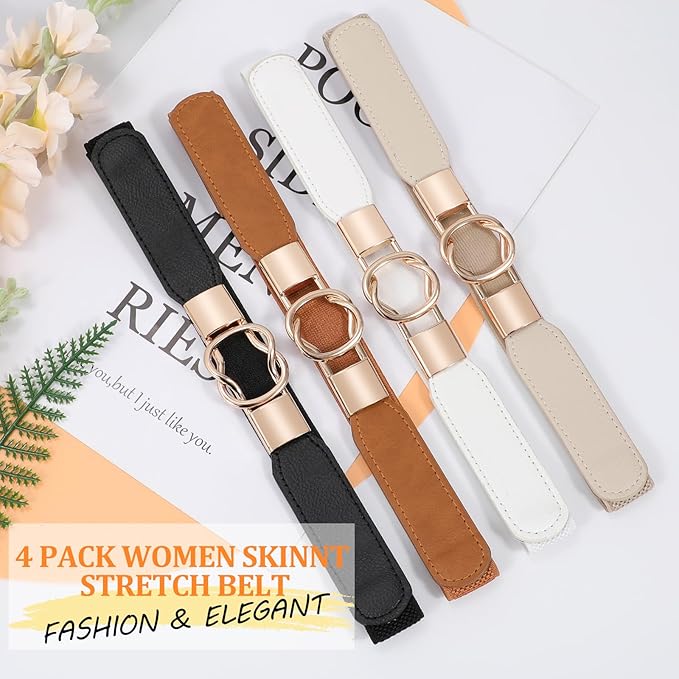 WERFORU Women Skinny Belt for Dresses Retro Stretch Waist Belt with Gold Buckle Set of 4