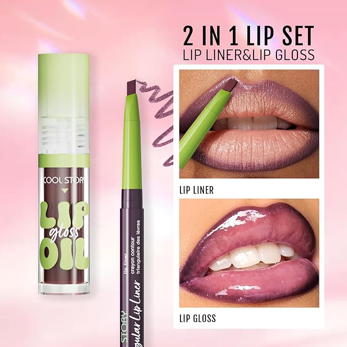 Dark Purple Lip Liner and Lip Oil Gloss Click Clear Shimmer, Long Wear Makeup Fat Oi Set With Natural Oils for Nourishment, Moisturizing Lip Lipstick Lip Liner Pencil Combo Set