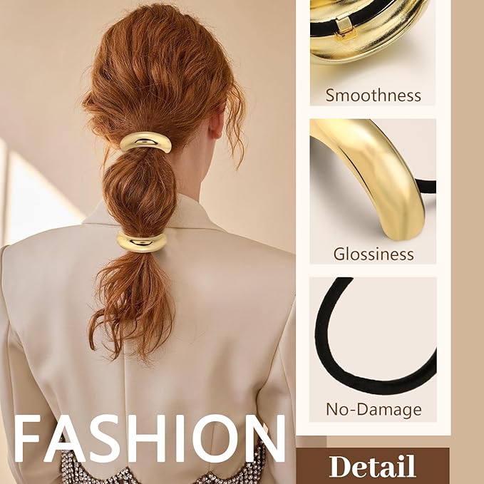 4PCS Gold Hair Ties, Metal Hair Ties for Thick Hair, Elegant Durable Round Geometric Design Hair Cuffs, Gold Hair Accessories for Women, Stretchy Non-Damage Ponytail Holders Holiday Gifts