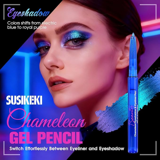 Chameleon Metallic Eyeshadow & Eyeliner Gel Pencil – Multichrome Shifting Colors Glitter Eye Makeup, Waterproof Long-Lasting Smudge-Proof Duochrome Pencil (Electric Blue to Royal Purple)