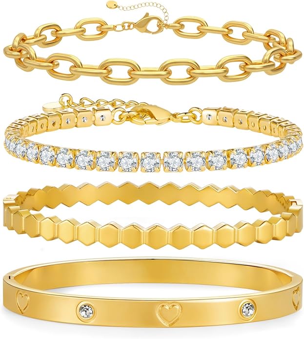 Gold Chain Bracelet Set for Women 14K Gold Plated Bracelets Multi-Layer Stackable Bracelet Dainty Cuban Paperclip Chain Bracelets Pack Jewelry