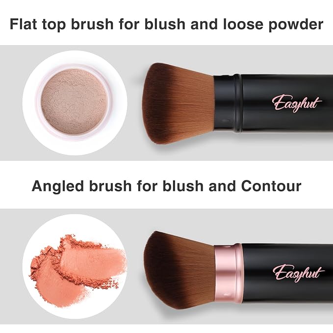 Retractable Kabuki Makeup Brushes 2 Pcs Blush Brushes Set Portable Powder Brushes with Flat and Angled Top for Liquid Cream Girls Cosmetics Travel, Large/1.18inch, Rose Gold