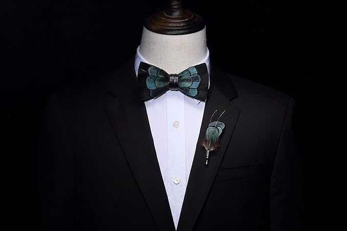 RBOCOTT Handmade Feather Pre-tied Bow tie and Brooch Sets for Men