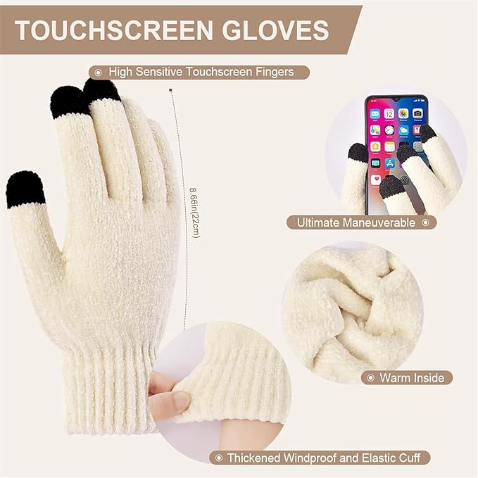 Womens Winter Beanie Hat Scarf Touchscreen Gloves Set Knit Warm Skull Caps Long Neck Scarves for Women Men