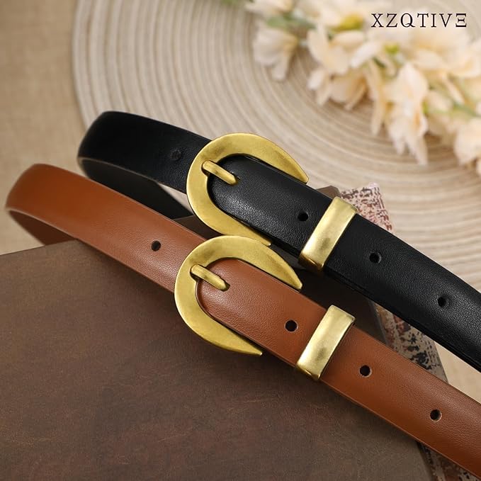 XZQTIVE Women Skinny Leather Belts for Jeans Dress Pants Fashion Ladies Thin Black Waist Belt with Gold Buckle