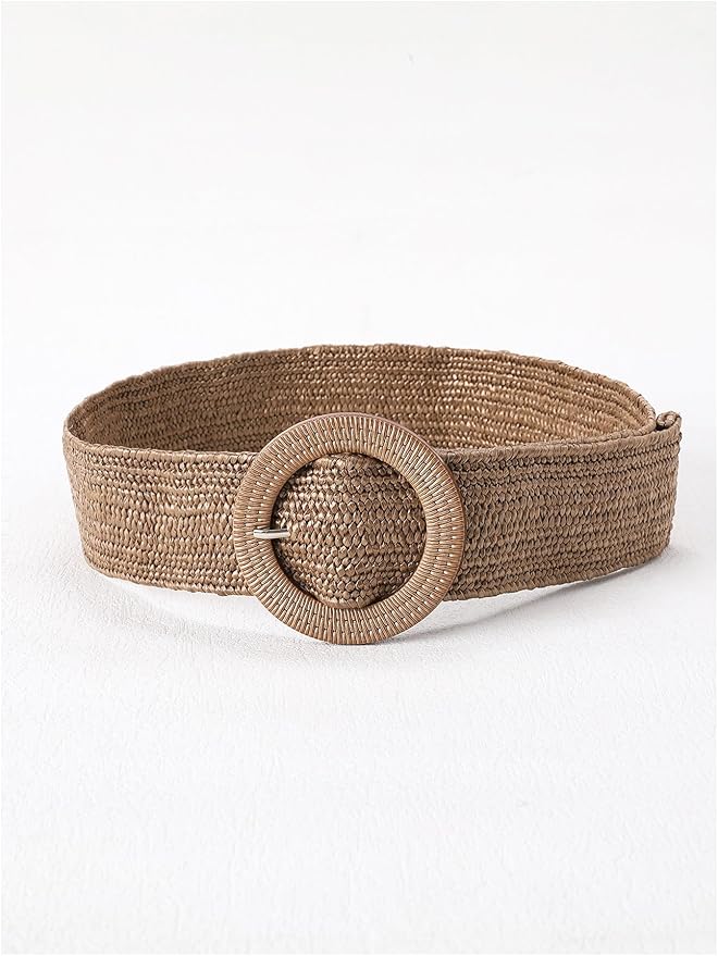 Verdusa Women's Western Belt Cowgirl Boho Straw Belts Round Buckle Elastic Waist Belt