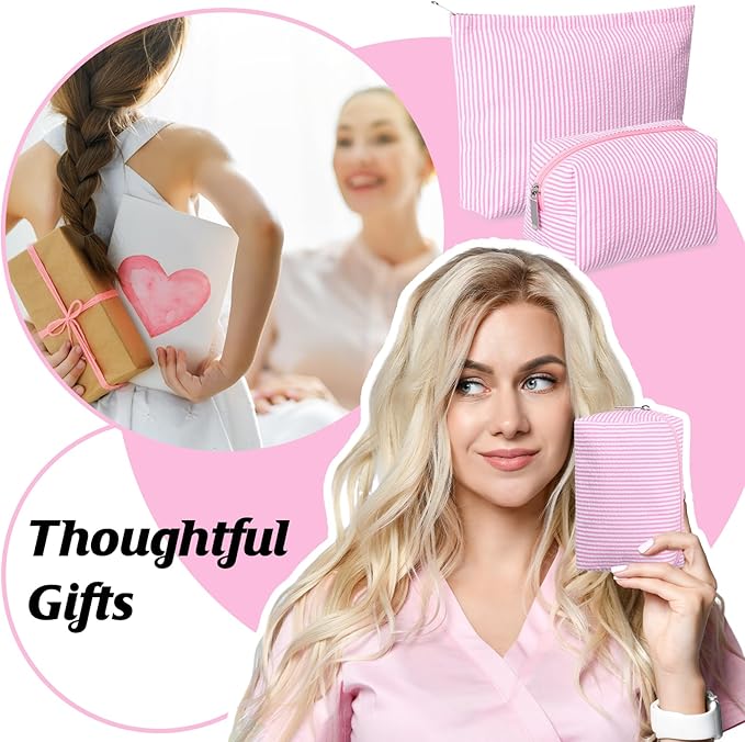 2 Pieces Makeup Bag Set Cute Cosmetic Pouch for Women Seersucker Travel Toiletry Bag Preppy Small Makeup Purse Pouch Aesthetic Skincare Brushes Storage Organizer for Christmas Women(Pink)