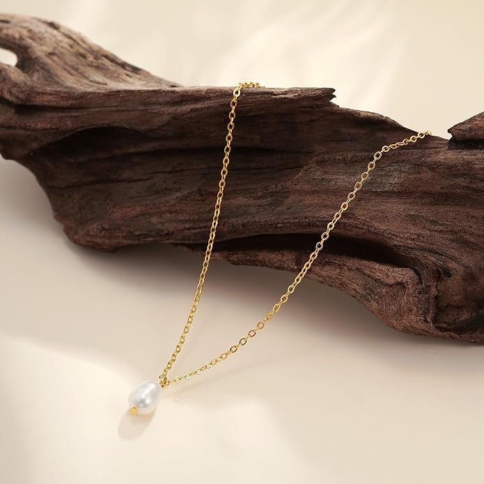 Gold Pearl Necklaces for Women Trendy 14k Gold Plated Dainty Necklace Simple Pearl Drop Single Charm Pendant Necklace Women's Jewelry Best Friend Birthday Gifts Gold Jewelry for Women