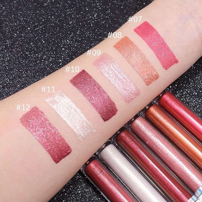 evpct 1Pcs Bronze Gold Metallic Glitter Lip Gloss Stain Lipstick for Women Long Lasting Waterproof 24, Orange Gold Frosted Metallic Shimmer Glossy Chrome iridescent Liquid Lipstick Lip Gloss Makeup 08